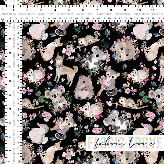 COTTON 100 - Pretty Aussie Critters Black