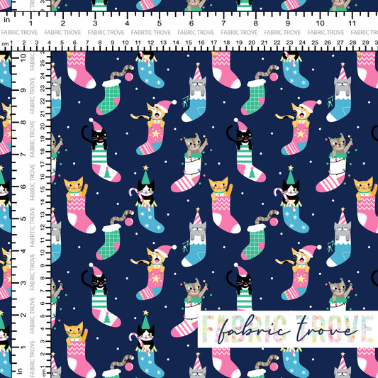 COTTON 100 - Christmas Kitty Navy